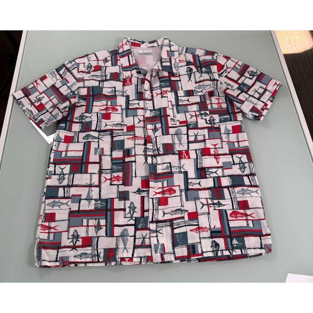 Columbia PFG Fishing Shirt Men's M Short Sleeve All Over Pattern Vented DadCore